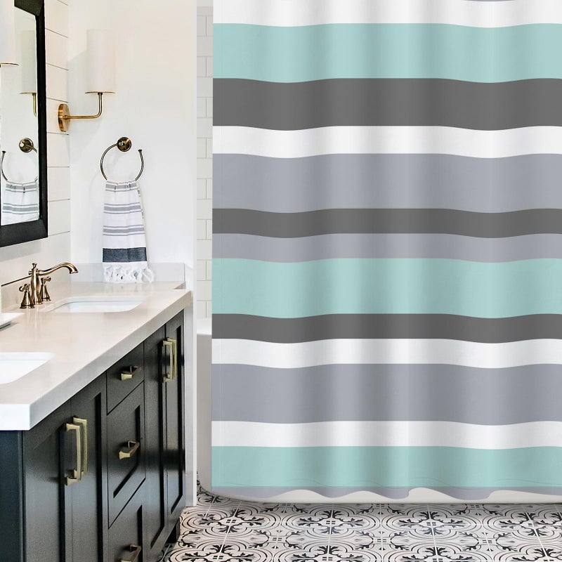 Sunlit Extra Long Aqua Blue Gray Horizontal Stripes Water-Repellent Fabric Shower Curtain with Reinforced Metal Grommets Refreshing Striped Design Bathroom Decor, 72" W x 84" H - Image 4